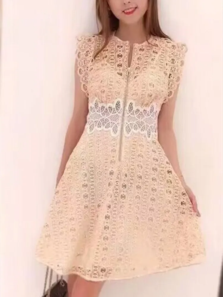 

Женское ажурное мини-платье, милое короткое платье-трапеция в стиле пэчворк без рукавов, с круглым вырезом и высокой талией, 2 цвета