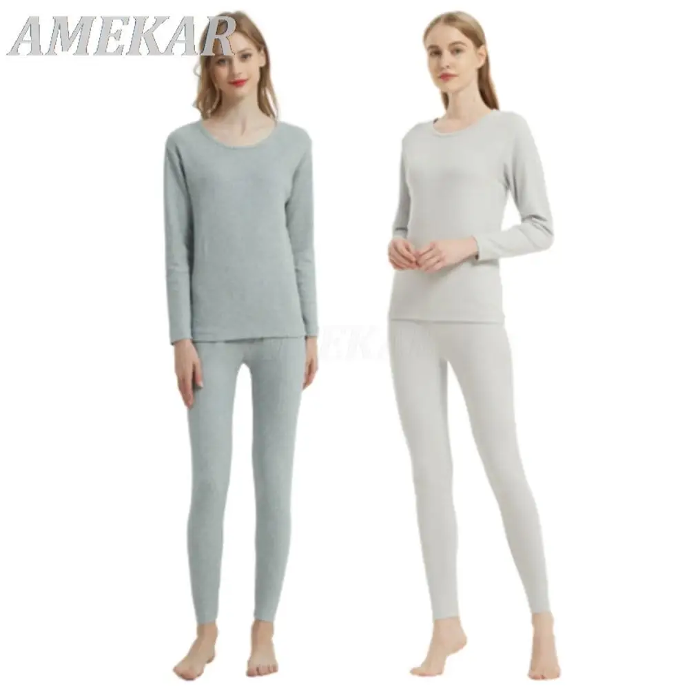 

Women's O Neck Thermal Underwear Set Solid Elasticity Thickness 260gsm Suit Top + Pants Ladies Long Johns More Warm In Winter