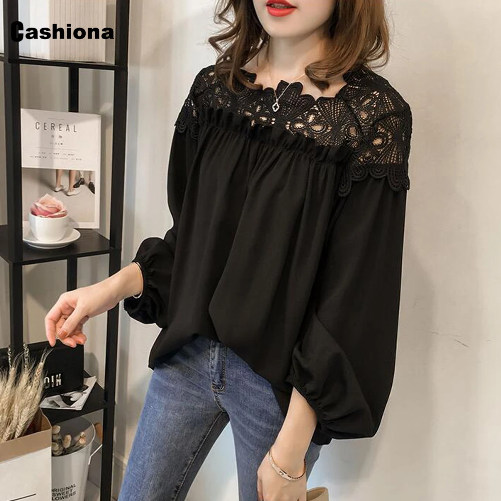 Cashiona 2022 Summer New Hook flower Hollow Bouse Long-sleeve Tops Plus Size 4xl 5xl Ladies Patchwork Lace Shirt Blusas Femme