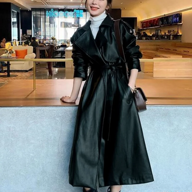 Autumn Spring Black Oversized Long Waterproof Leather Trench Coat for Women 2023 Long Sleeve Loose Korean Fashion Clothing