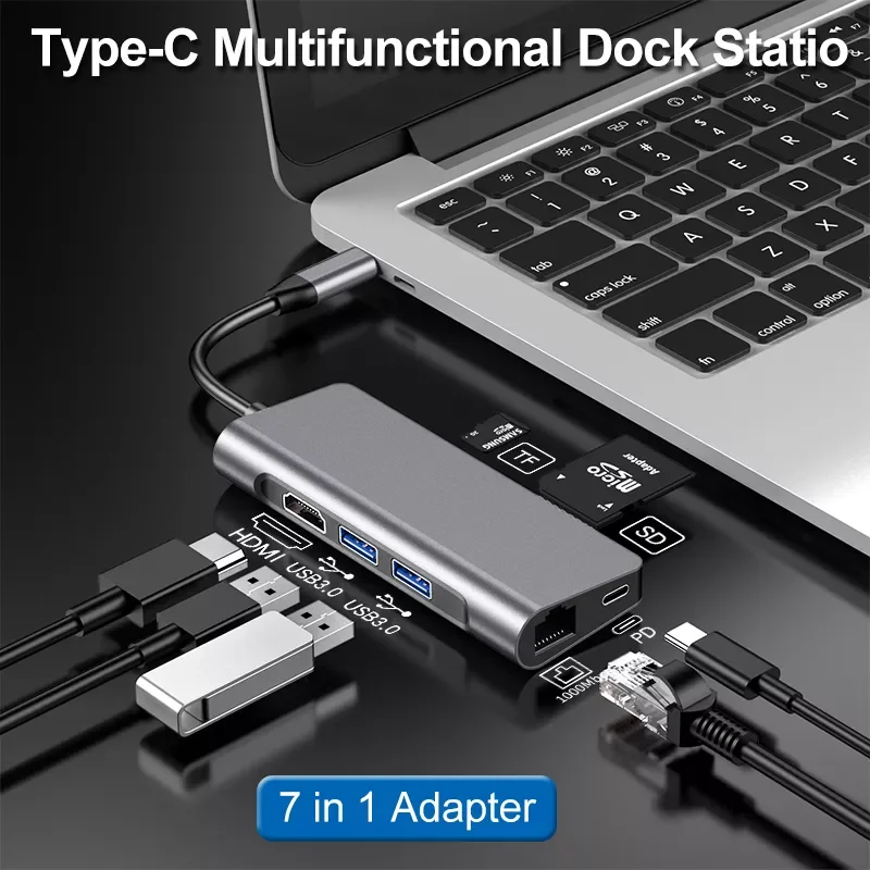 

7 in 1 Adapter USB Type-C HUB to HDMI RJ45 Ethernet Multi Ports USB 3.0 PD Power Adapter for MacBook Pro/Air USB-C HUB HAB