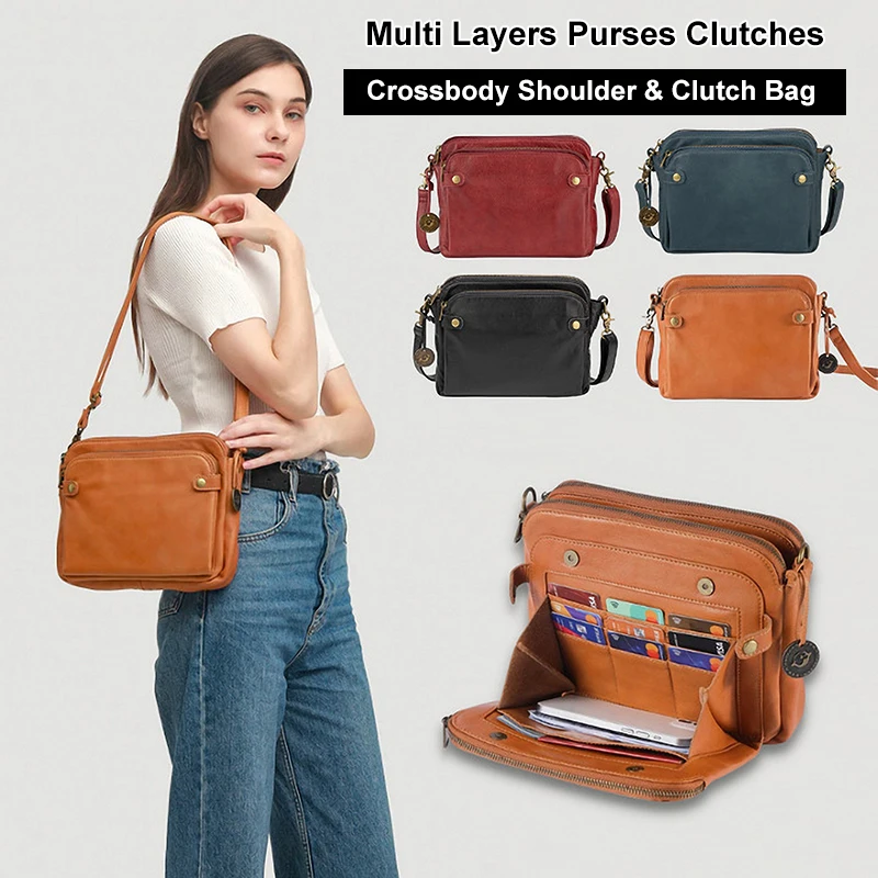 

2023 New Crossbody Leather Shoulder Bags Clutches Three Layer Leather Crossbody Shoulder Women's Casual Multi Layers Purses