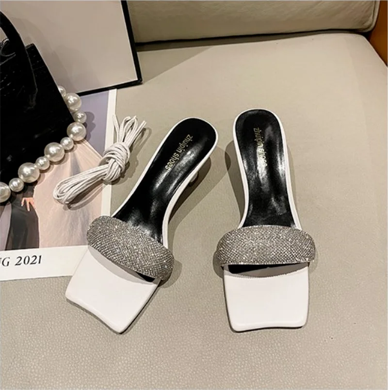 Summer women's slippers high-heeled shiny temperament sandals 2022 new rhinestone mid-heel sandals and slippers