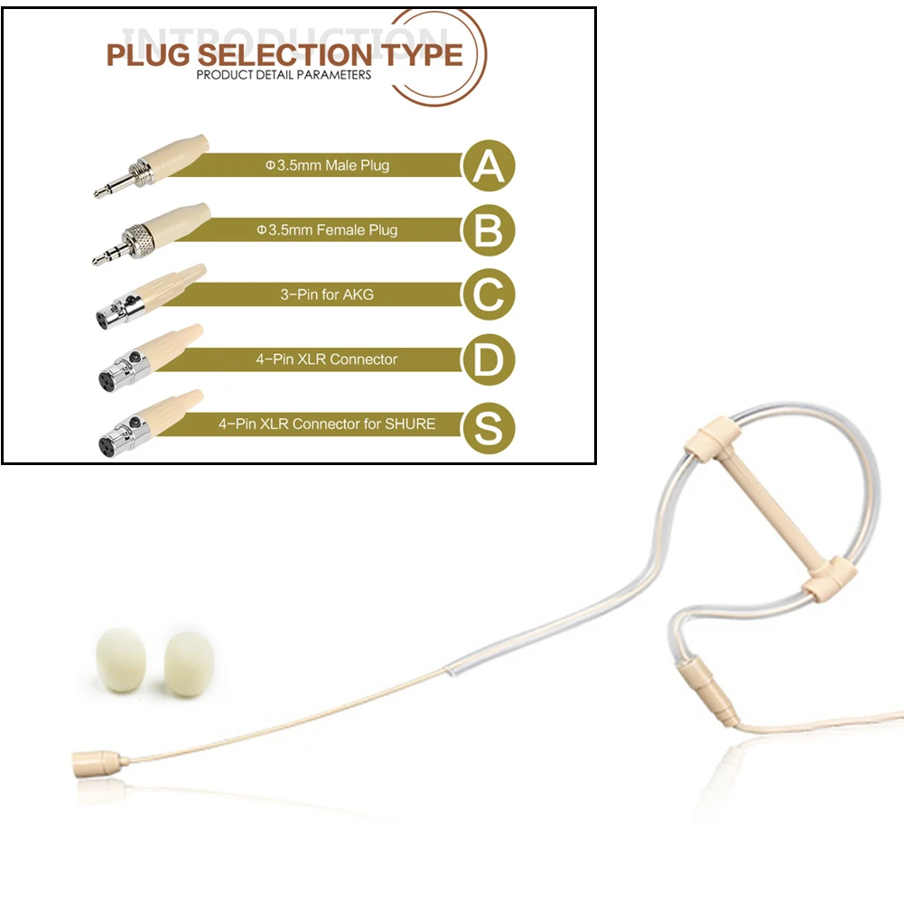 

Beige Single Earhook Headset Mic Headworn Microphone 3.5mm 3 Pin 4 Pin XLR Plug Omnidirectional Electret Condenser Mic