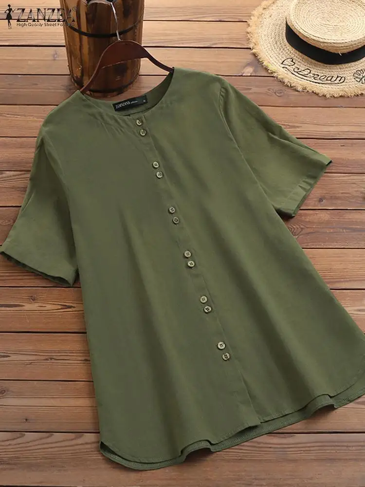 

ZANZEA 2023 Women Summer Blouses Kaftan Solid Tops Casual Short Sleeve O Neck Blusas Female Holiday Buttons Chemise Oversized