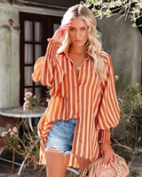 2022 autumn and winter new sexy spice girls temperament stripe single breasted lantern sleeve shirt woman
