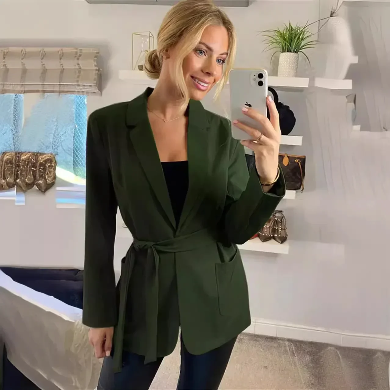 Женская Осенняя новая однотонная куртка с двумя карманами