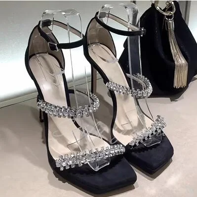 High Heel Women's Rhinestone Chain Thick Sole Platform 2023 New Summer Crystal Square Toe Thin Heel Ankle Strap Fairy Sandals