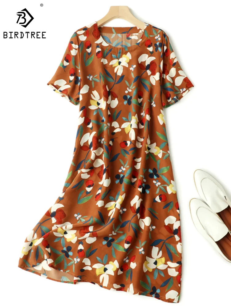 Birdtree 100%Natural Silk Women Crepe Dresses Crew neck Short Sleeve Coffee Floral Printed Above Knee Dress Summer 2023 D37475QM