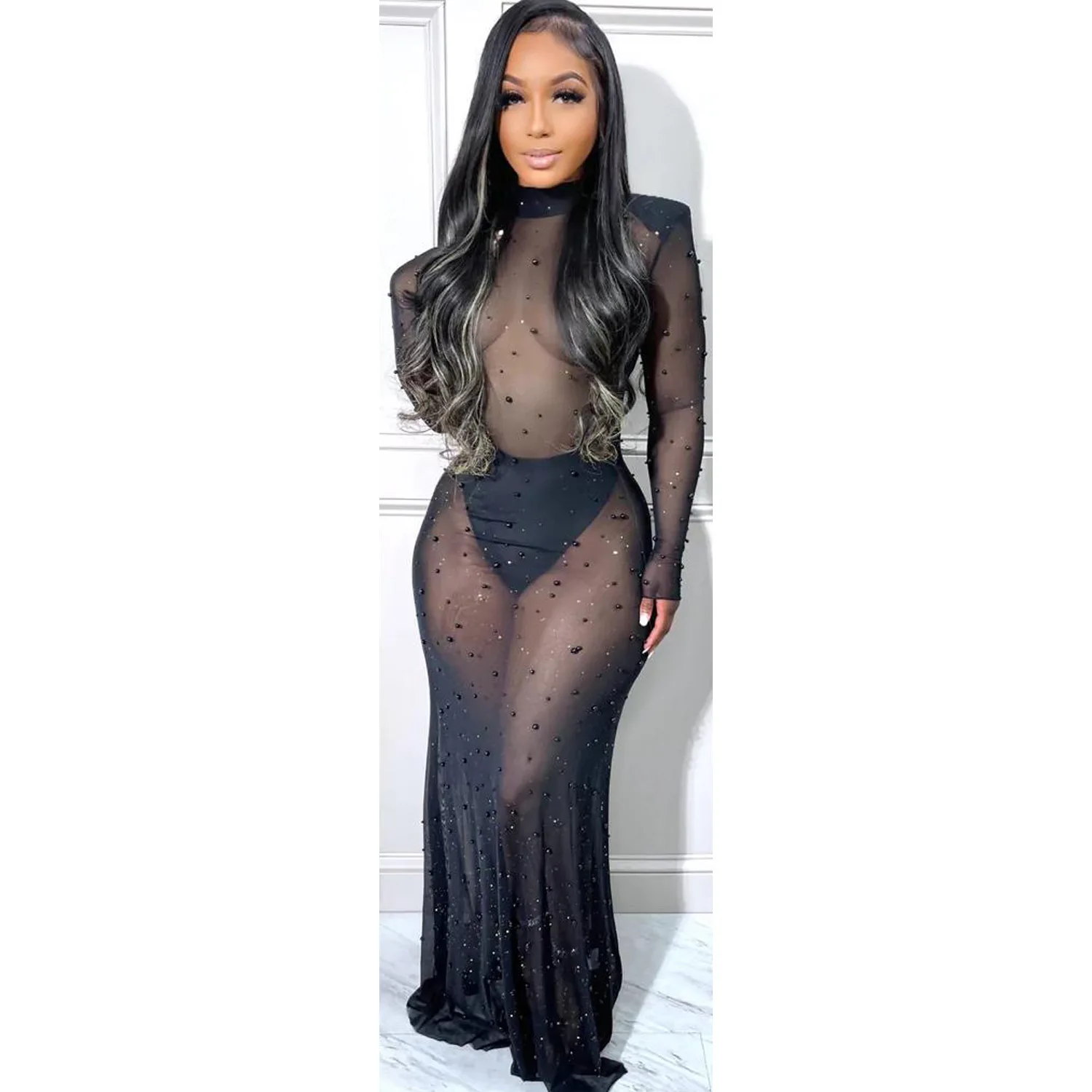 

2022 New Fashion Sexy Perspective Bead Bodycon Maxi Dress Mesh Long Sleeve Club Party Dress Robe
