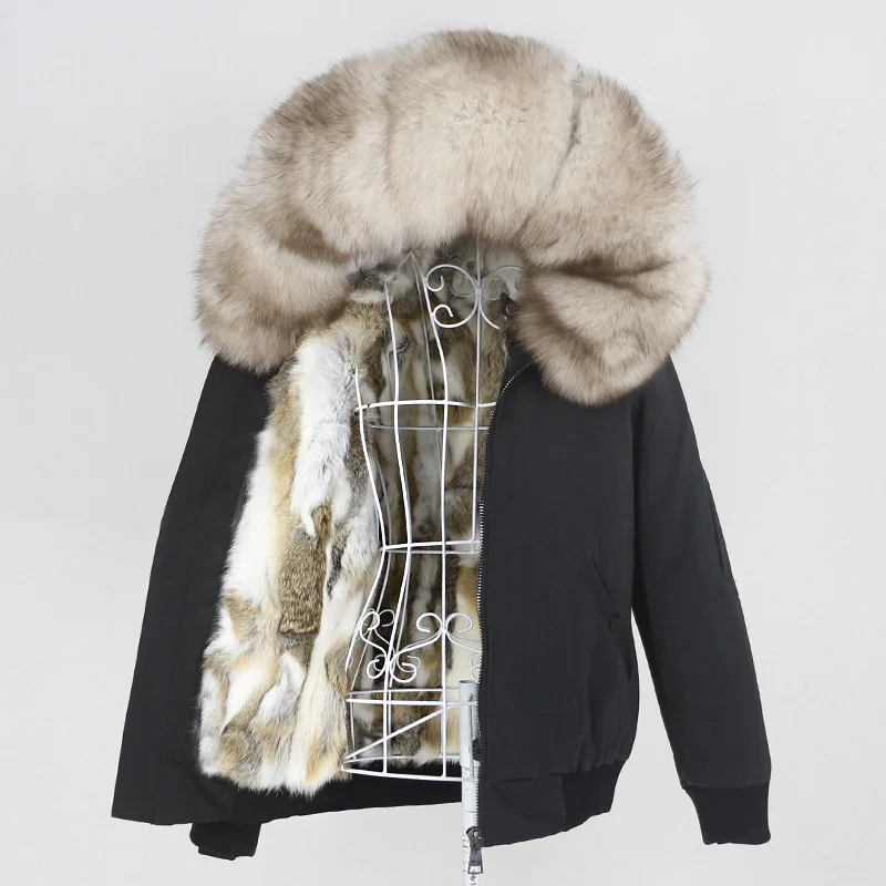 

Женская куртка-бомбер с мехом енота, черная водонепроницаемая куртка-бомбер с капюшоном из натурального кроличьего меха лисы, зима 2023
