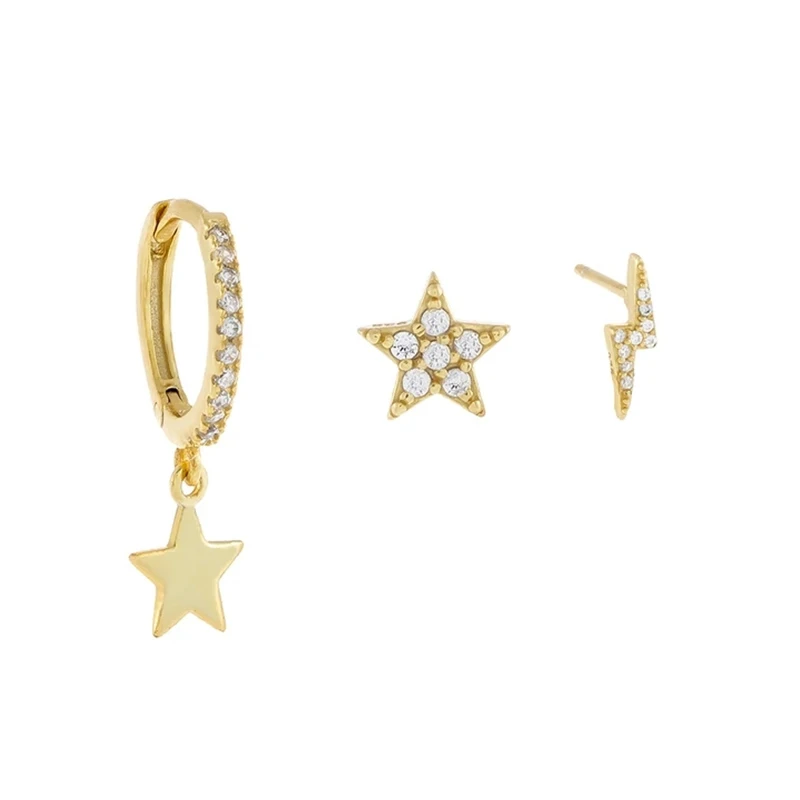 

CANNER 3Pcs Fashion Star Lightning Earrings Pendientes Plata 925 Sterling Silver Earring For Women Piercing Stud Earring Jewelry