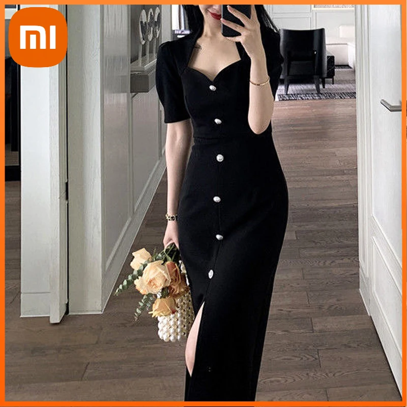 

Xiaomi One Piece Dress Korean Vintage Midi Dresses Women Short Sleeve Elegant Black Dress Office Ladies Button Design Summer Y2K