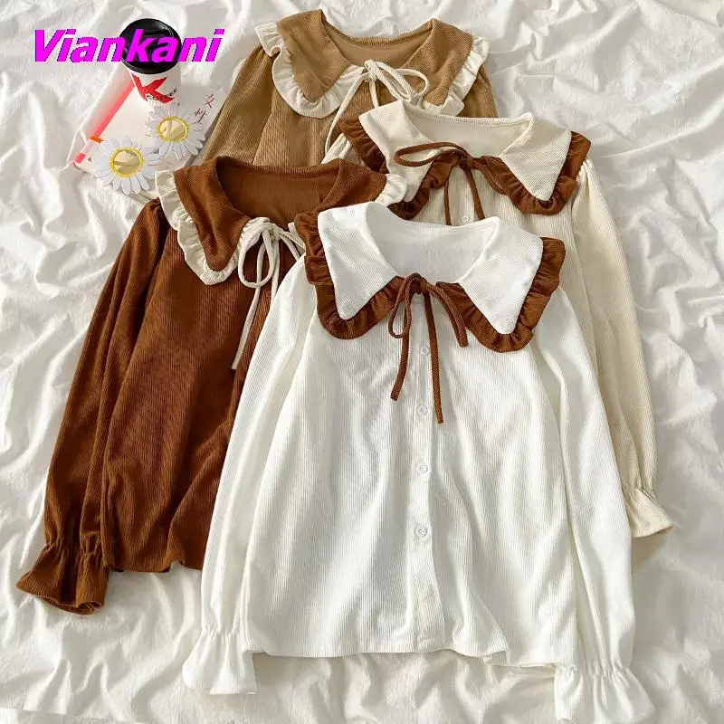 

Preppy style Women Lolita Blouse Autumn Peter Pan Collar Loose Sweet Cute Shirt Female Elegant All-match Long Sleeve Shirts