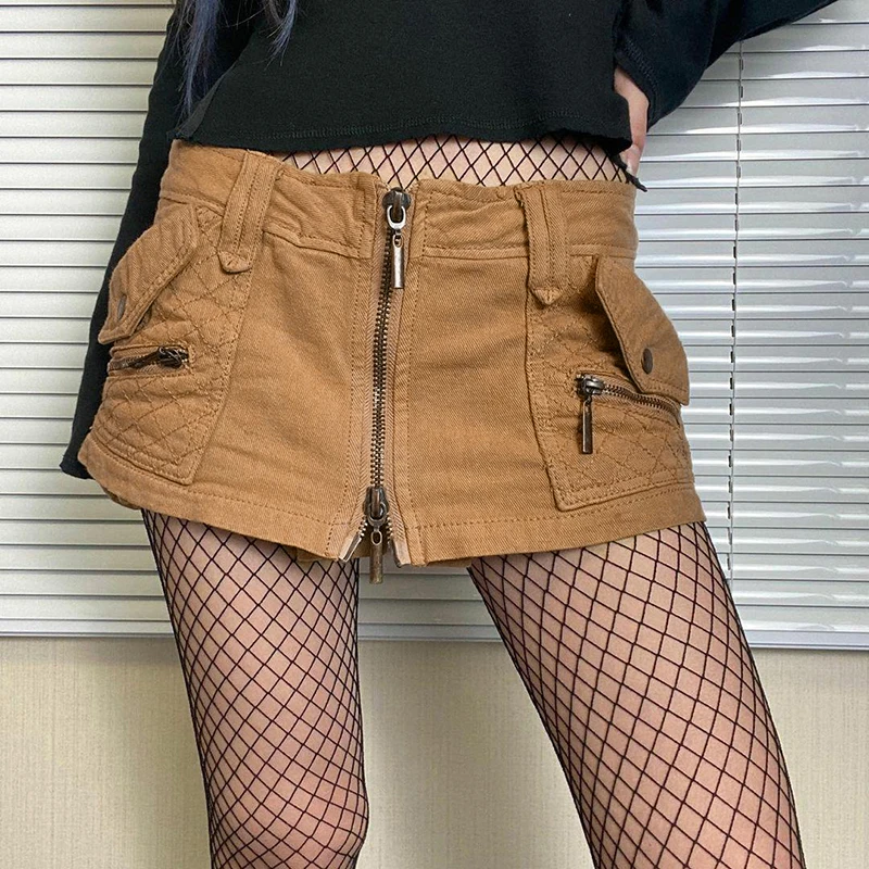 

2022 Korea Kawaii Low-waisted Mini Skirt Retro Zipper Pocket Denim Skirt Women Hara Taku Aesthetic Clothing