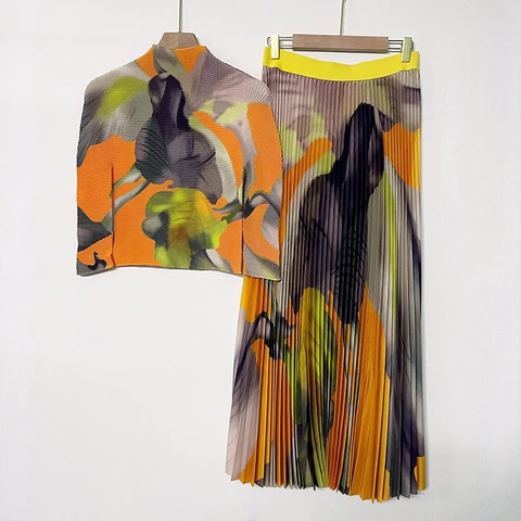 2022 Miyake Pleated New Women Suit Slim Western Print Stand Collar Long Sleeve Top+Loose Slim Skirt Casual Party Two Piece Set
