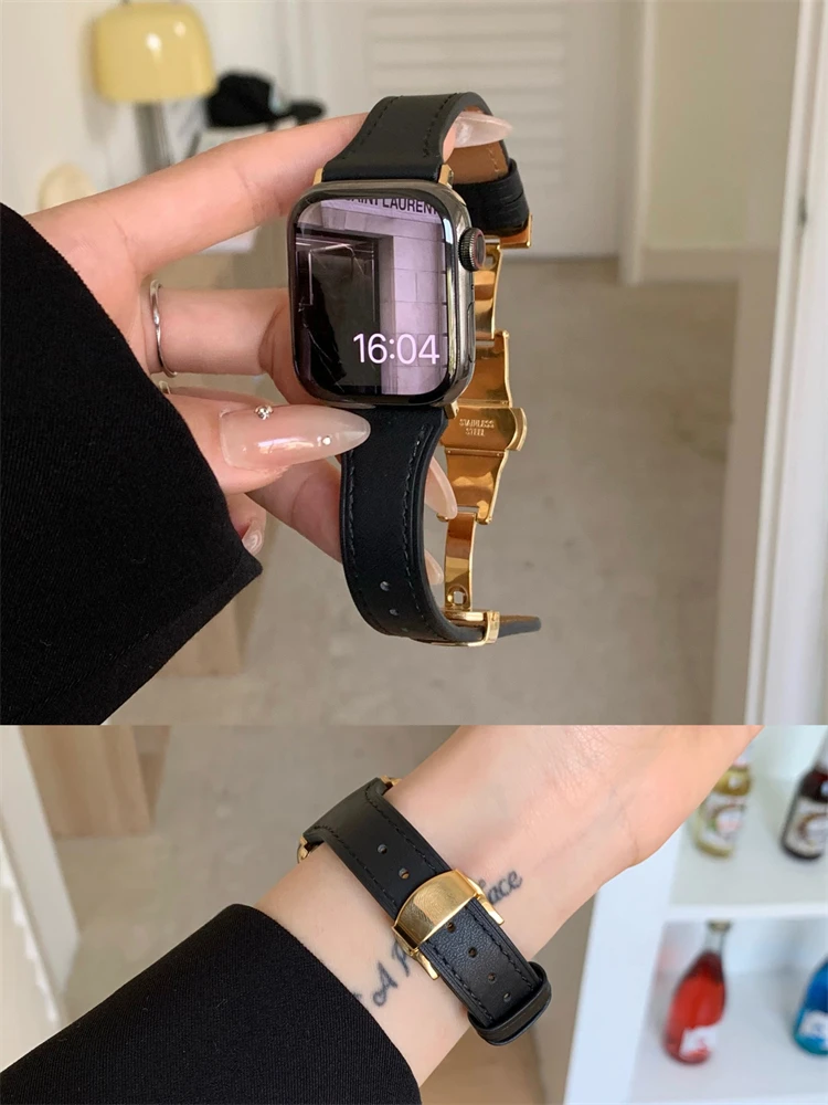 

Ремешок из натуральной кожи с золотой пряжкой-бантом в Корейском стиле для iWatch Series 8 7 6 5 4 SE, женский тонкий ремешок для Apple Watch 41 мм 40 мм 38 мм 45 44 49