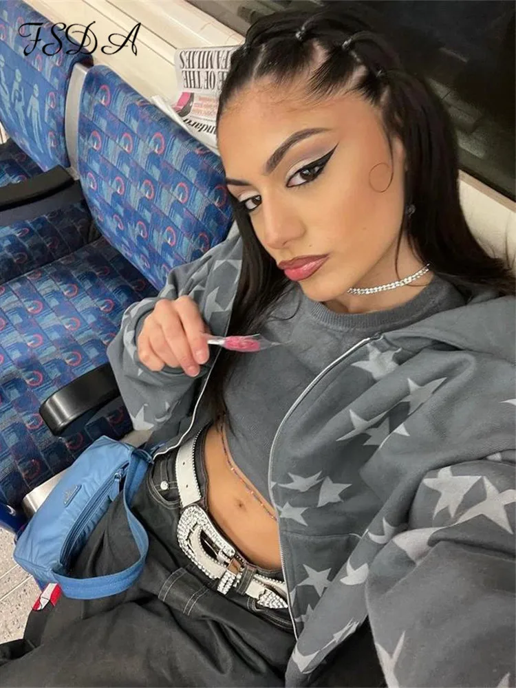 

FSDA Print Y2K Streetwear Women Sweatshirts Oversized 2022 Autumn Winter Loose Hoodies Zip Up Vintage Long Sleeve Fairycore
