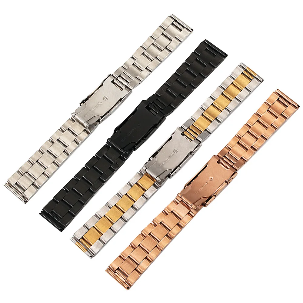 Watch Accessories 18mm 20mm 22mm Flat End Watch Bracelet All Steel Solid Band Diving Three Beads Fit For Men And Women's Strap