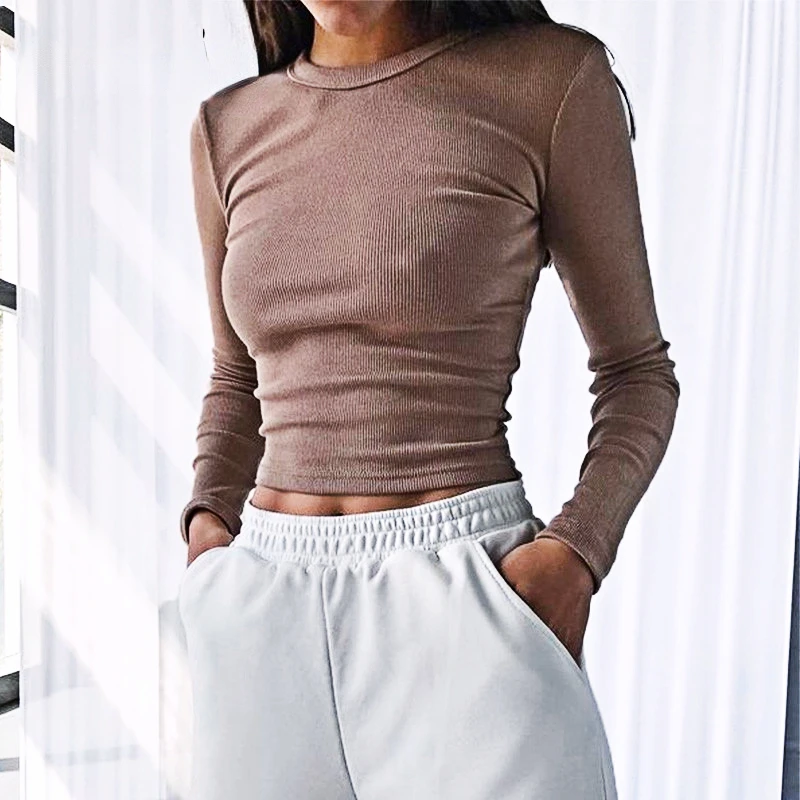 

o Neck Long Sleeve Shirt Women Ribbed Sexy Cropped Tops 2021 Spring Black Casual Skinny Slim Basic Woman t Shirts White