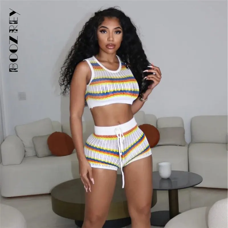 

BoozRey Woman Knitted Suit Contrasting Colors Stripes Printed Sleeveless Crop Tank+Hot Shorts Tracksuit Summer 2 Piece Outfits