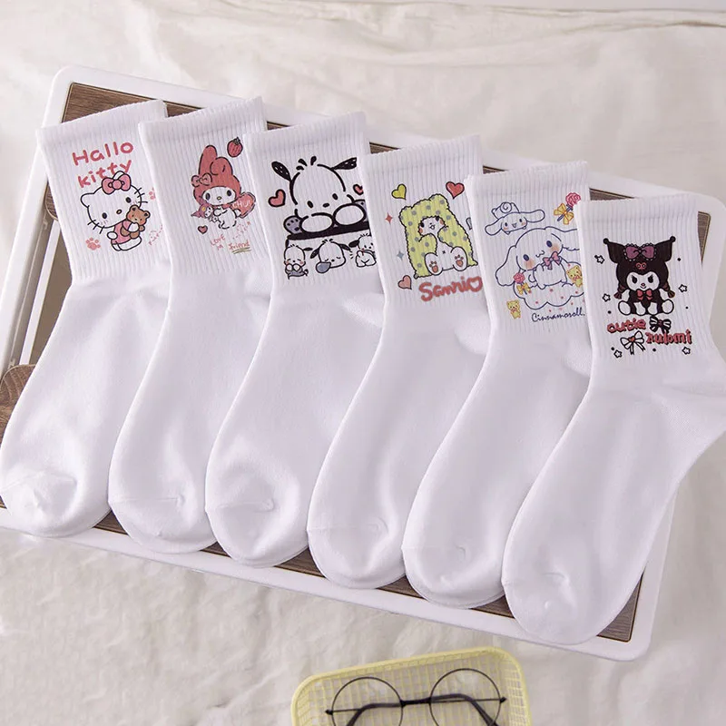 

Носки Sanrio 6 шт., милые носки Hello Kitty Mymelody Kuromi Cinnamoroll из аниме, студенческие женские носки до середины икры