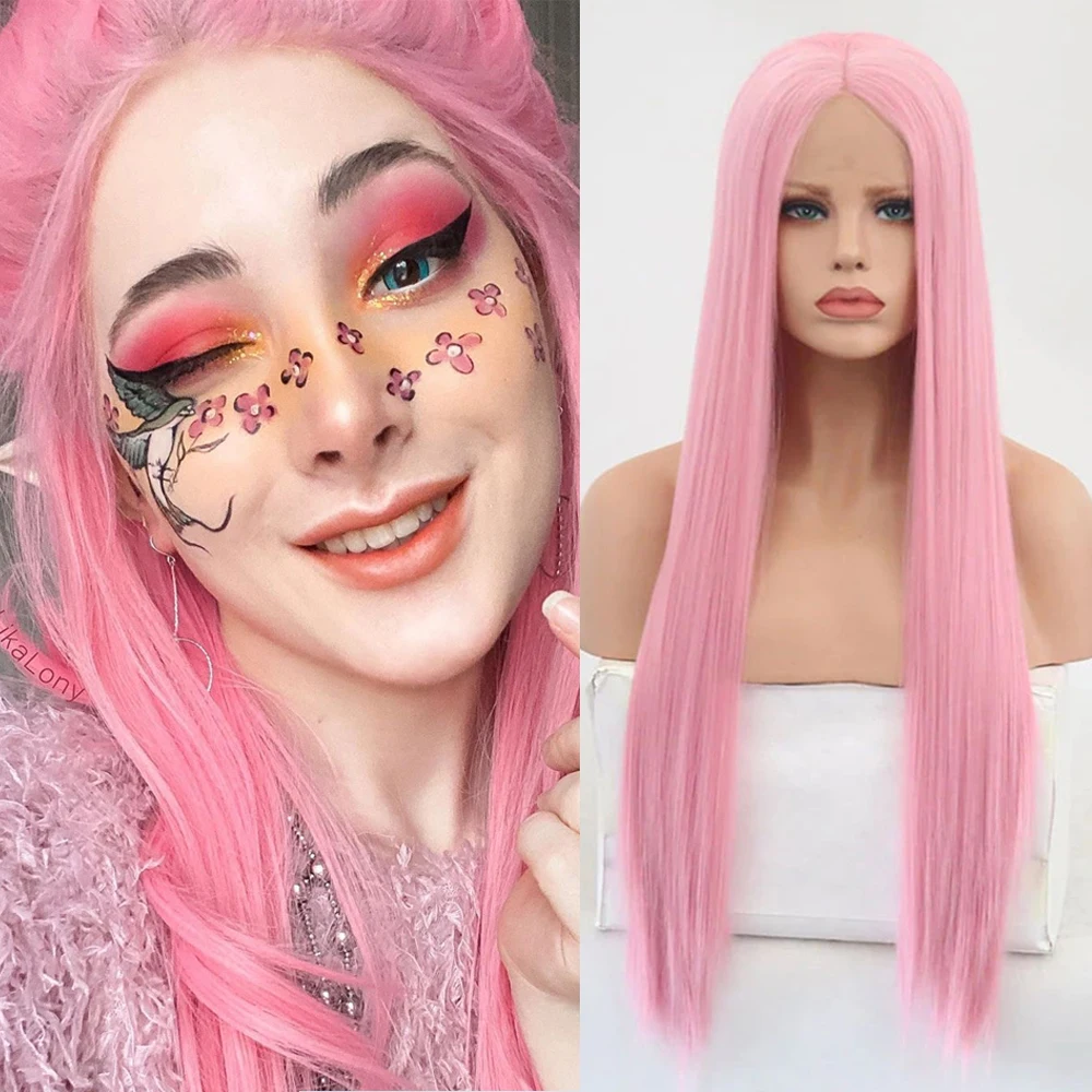 Розово-розовый синтетический парик спереди для женщин, прямой длинный ...