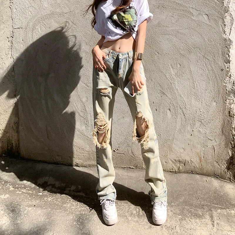 

vintage hole jeans y2k aesthetic for women fashion High Street baggy pant leg zipper Denim Trouser woman Harajuku Straight pants