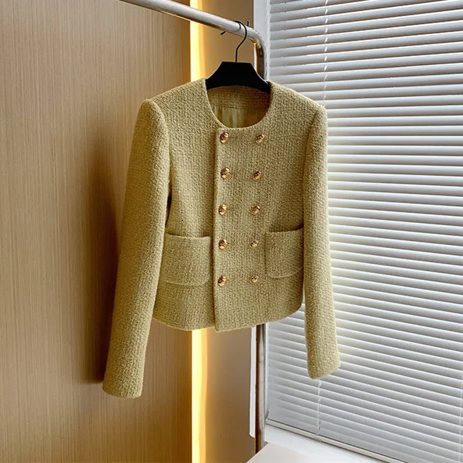 Women Fall Winter Blue Tweed Jacket Yellow Tweed Jacket Black Plaid Blazer White Double Breasted Cropped Top