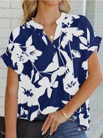 2022 summer new womens loose printed short sleeve v neck button chiffon shirt ladies fashion versatile top femalele