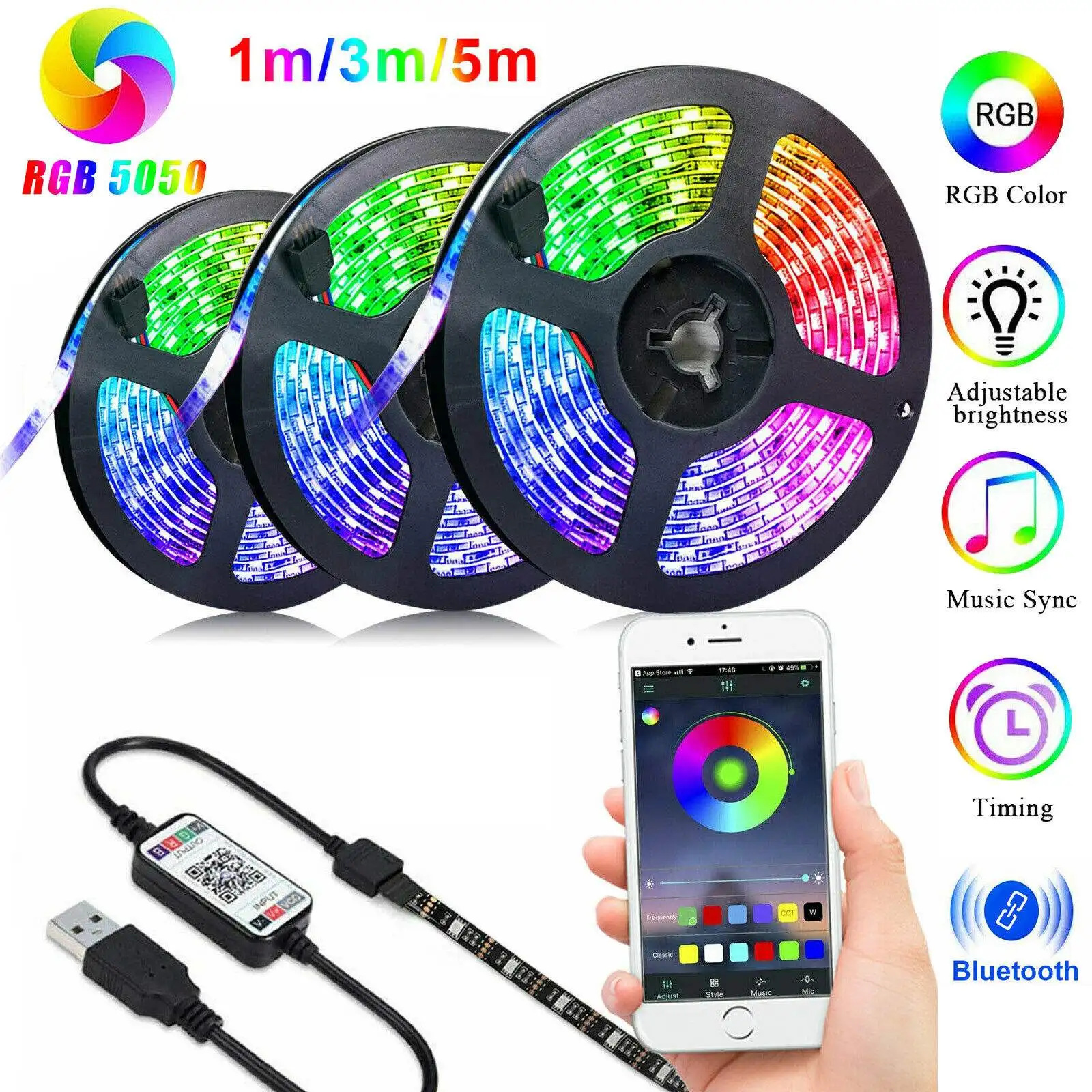 

LED Strip Lights 1M-5M Bluetooth Control USB Luces RGB 5050 SMD 30 LED/m Diode Tape Flexible Lamp For Home Fita Festival Luz