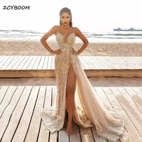 elegant champagne high split mermaid prom dresses spaghetti straps lace beaded evening gowns sweep train overskirt women party