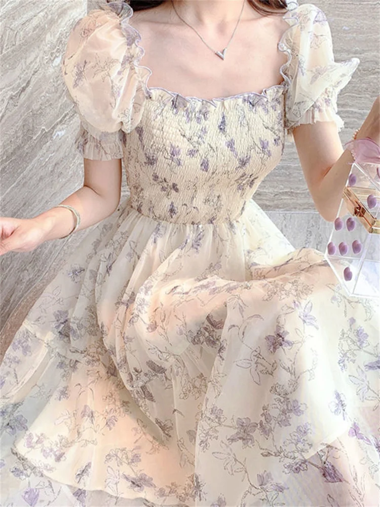 

Женское шифоновое платье-миди с цветочным принтом и рукавами-фонариками