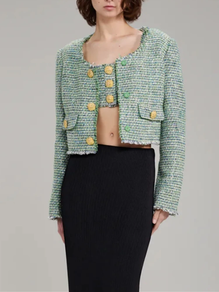 Women Jacket Tassel Trim O-Neck Long Sleeve Metal Buttons Single Breasted Elegant Tweed Coat