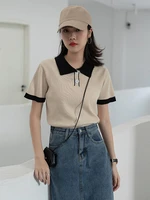 contrast color buttons polo neck knitted women short sweater pullover short sleeve apricot streetwear casual sweater 2021 new