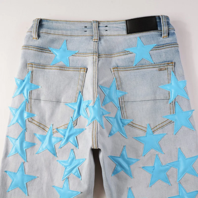 Men's Light Blue Distressed Streetwear Blue Stars Patchwork Slim Stretch Skinny High Street Fashion Style Ripped Jeans