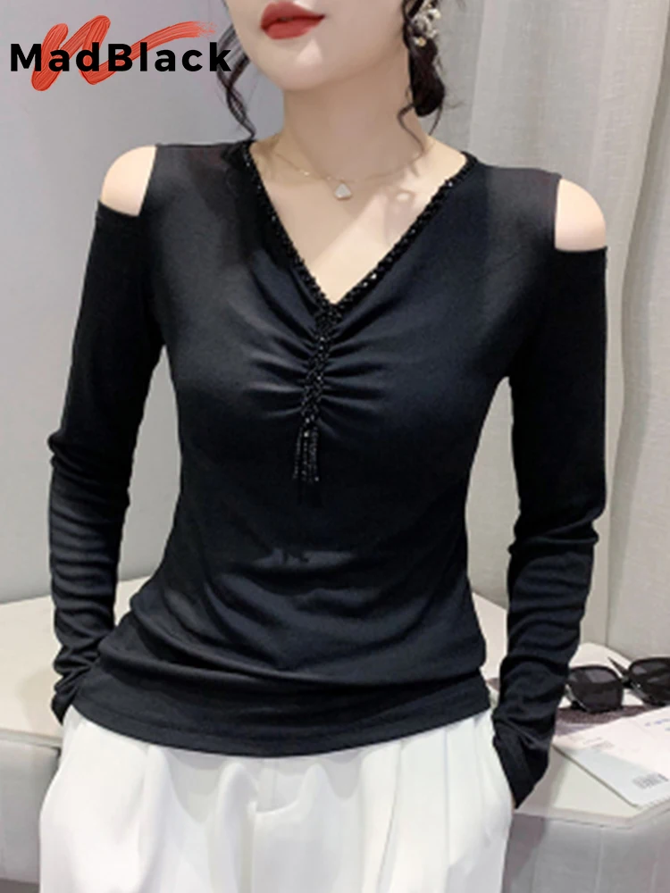 

Черная женская блуза с открытыми плечами и длинными рукавами, T29322X