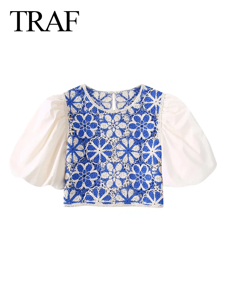 

TRAF Fashion Elegant Big Puff Sleeve T-shirt Hollow Flower Round Neck Back Invisible Single Breasted Short Top Women Summer