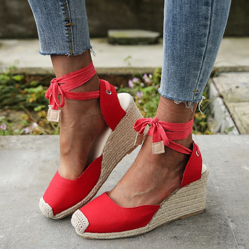 New Women's Wedges Espadrilles Sandals Summer 2023 Ankle Strap Gladiator Sandalias Woman Plus Size Hemp Bottom Casual Shoes