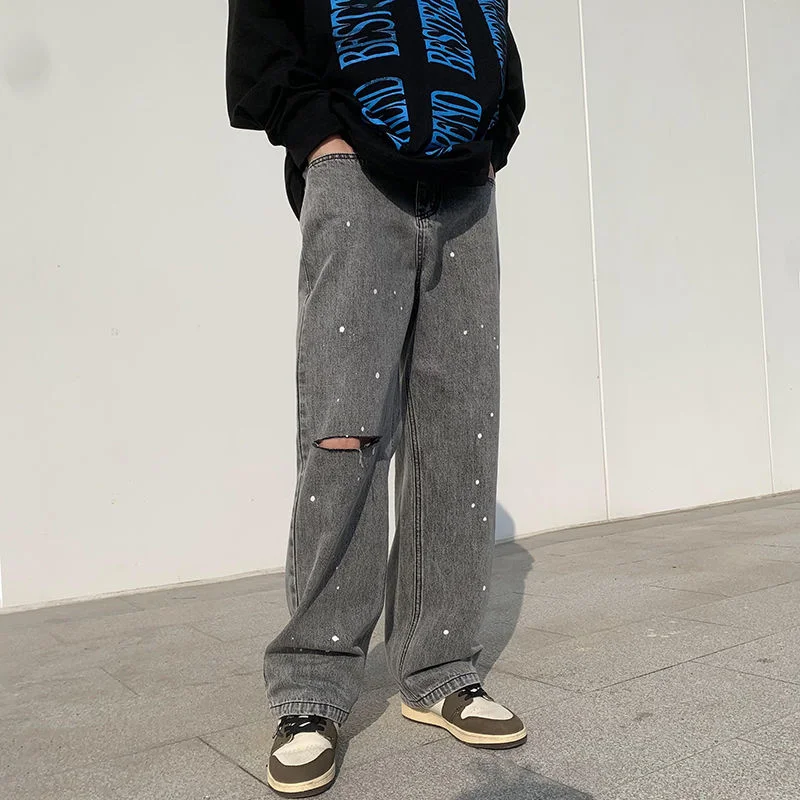 

Мужские рваные джинсы в стиле ретро, повседневные синие/серые джинсы с дырками, уличная одежда, свободные прямые джинсовые брюки в стиле хип...