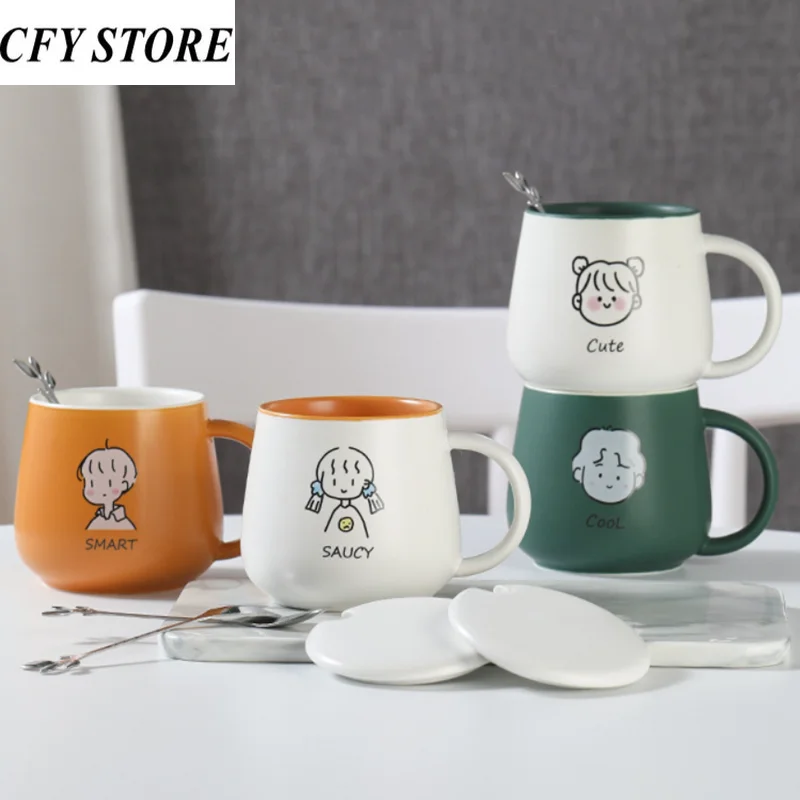 

350 мл керамические кофейные чашки с ложкой, кавайная кружка, креативные Мультяшные влюбленные, кофейные кружка для завтрака чашка для молок...