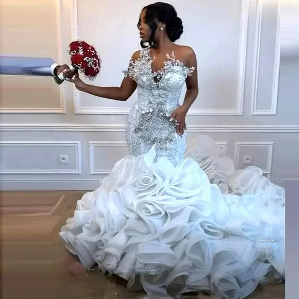 Фото Свадебное платье на одно плечо с аппликациями и кристаллами Aso Ebi из органзы с усталочными оборками Vestido De Casamento, свадебные платья №1
