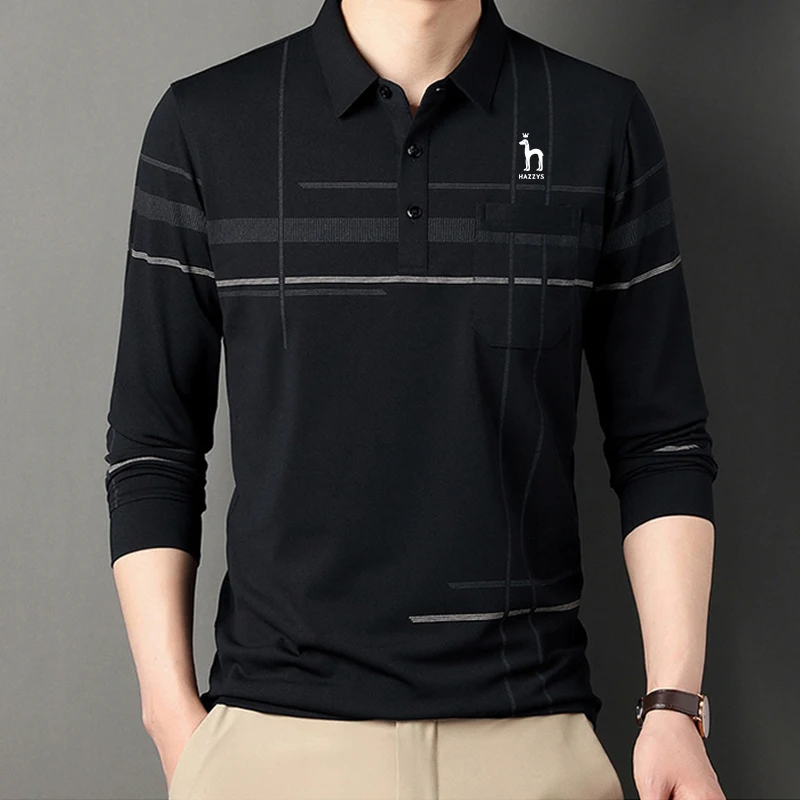 

HAZZYS Men's Golf Spring/Autumn Winter Men's Long Sleeve Youth Casual Fashion Simple Solid Color Lapel Polo Shirt Base Top