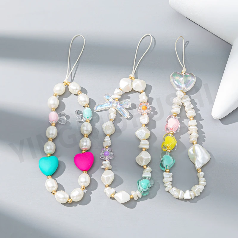 

Fashion Bow Pearl Love Heart Beads Mobile Phone Chain For Women Girls Cellphone Strap Anti-Lost Lanyard Charm Jewelry