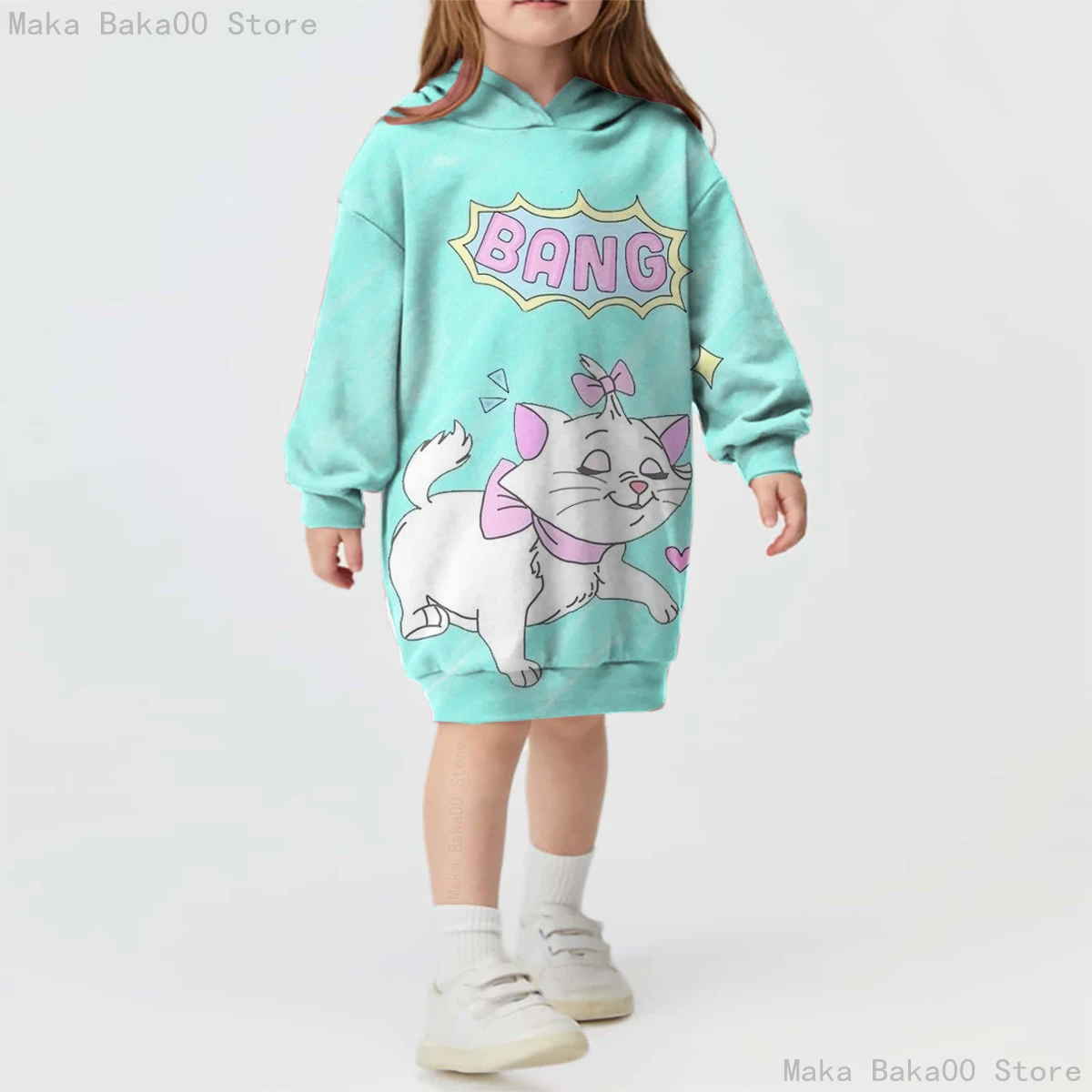 

Новинка 2023, Весенняя повседневная спортивная кошка с принтом для девочек, с капюшоном, уличное платье-свитер с мультяшным рисунком