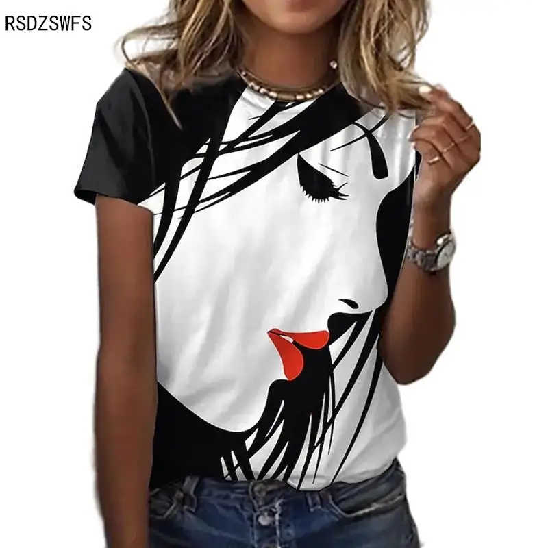 

2022 Casual 3D Print Facial Art Print Short Sleeve T-shirt Women Loose Oversized T-shirt