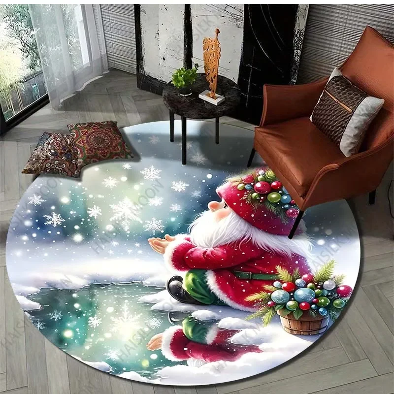 Gnome Christmas Print Round Carpet Suitable for Living Room Bedroom Flannel Non-slip Sofa Chair Creative Door Mat