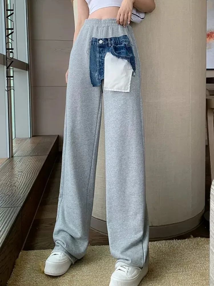

SHENGPALAE модные женские брюки на шнурке с высокой талией, Лоскутные Джинсовые карманы, свободные прямые серые Y2k брюки весна 2023 Новинка