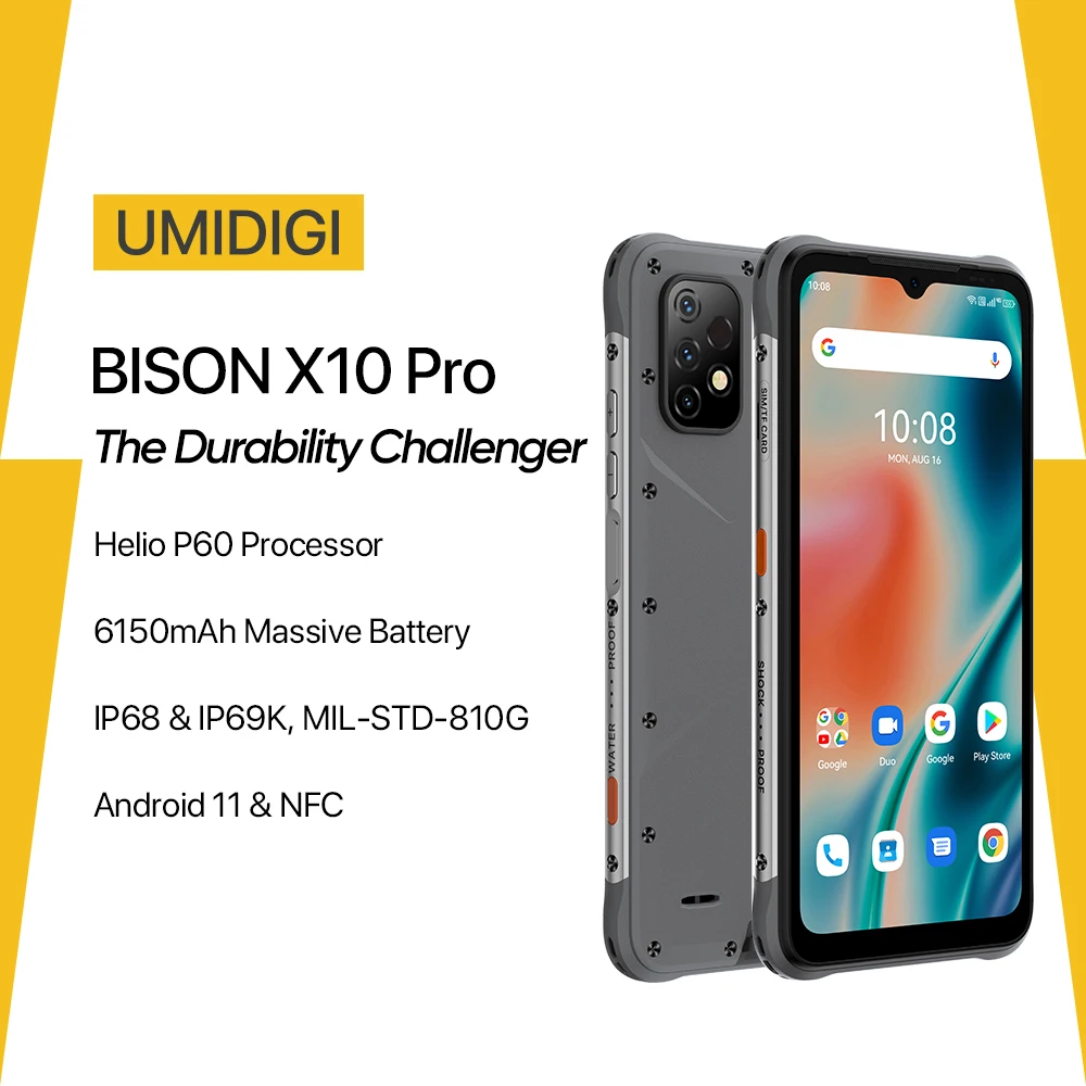 UMIDIGI BISON X10 PRO Rugged Smartphone NFC Global Version 6.53" IP68 4GB 128GB Helio P60 20MP Triple Camera 6150mAh Cellphone