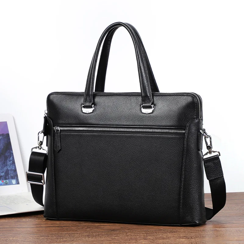 AETOO  Thin briefcase double zipper men's bag leather portable baotou layer cowhide men's single shoulder oblique span bag busin